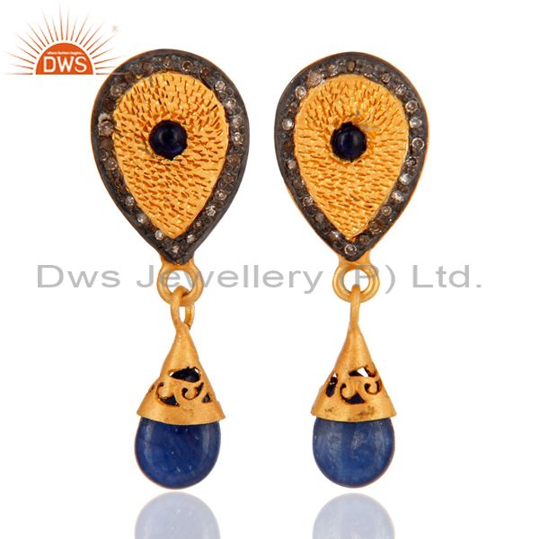 18K Gold Over 925 Sterling Silver Blue Sapphire Pave Diamond Drop Earrings
