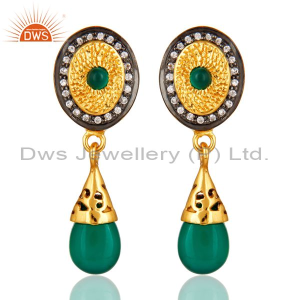 14K Yellow Gold Plated Sterling Silver Green Onyx Fashion Drop Earrings With CZ