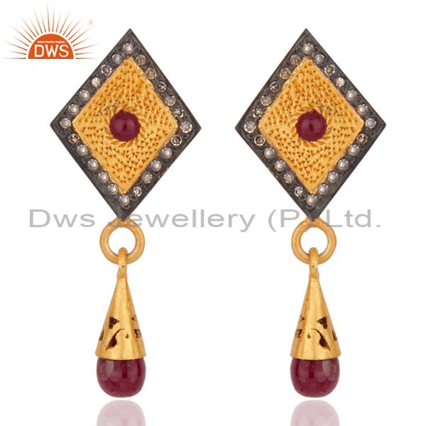 18k Gold over 925 Sterling Silver Genuine Ruby Pave Diamond Drop Dangle Earrings
