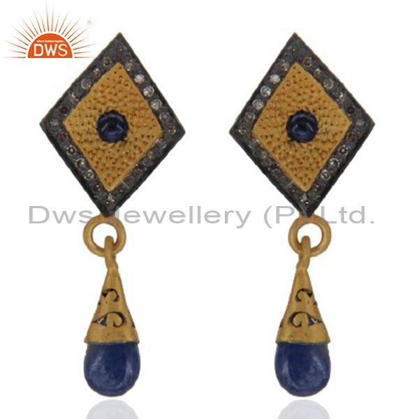 925 Sterling Silver Genuine Sapphire and Pave Diamond Dangle Post Stud Earrings