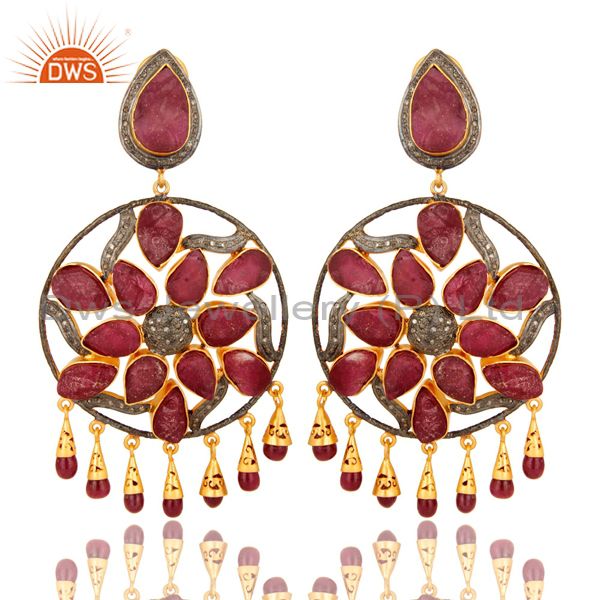 18K Gold Sterling Silver Ruby And Pave Diamond Wedding Chandelier Earrings