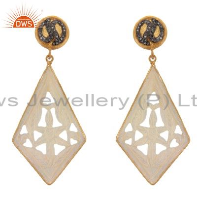 18K Gold Sterling Silver Pave Diamond And Mother Of Pearl Carving Dangle Earring