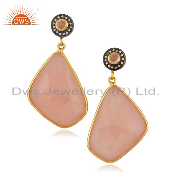 Natural Semi Precious Stone Rose Chalcedony Slice 18k Gold Plated Dangle Earring