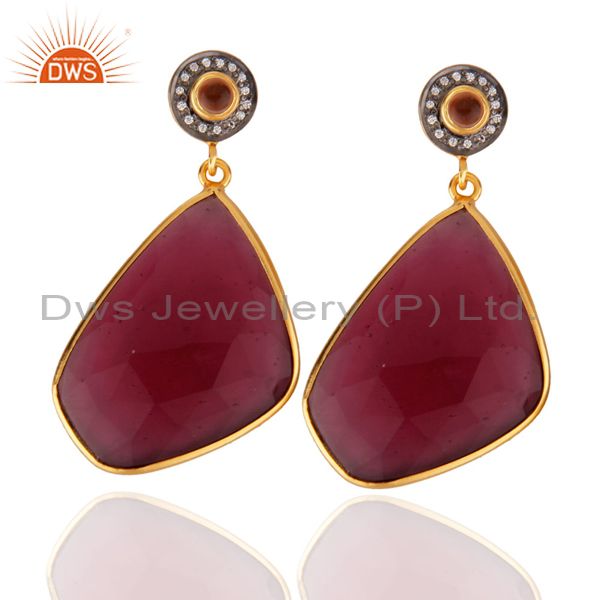 14K Yellow Gold Plated Ruby Pink Glass Bezel Set Wedding Drop Earrings With CZ