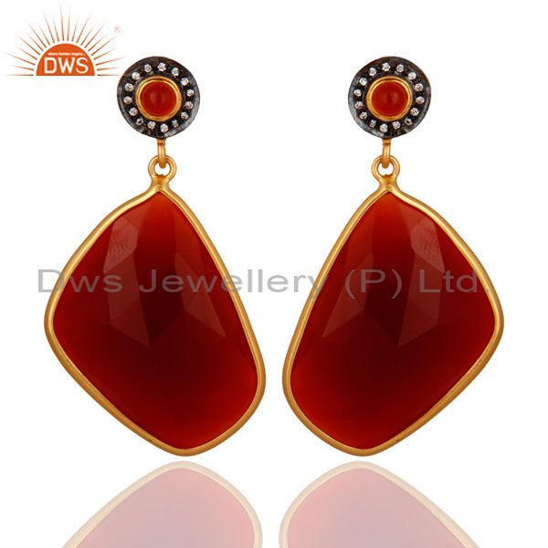 Faceted Red Onyx Gemstone Bezel-Set Dangle Earrings With Yellow Gold Plated