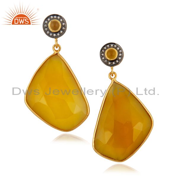 22k Yellow Gold Plated Yellow Natural Chalcedony Gemstone Slice Dangle Earrings