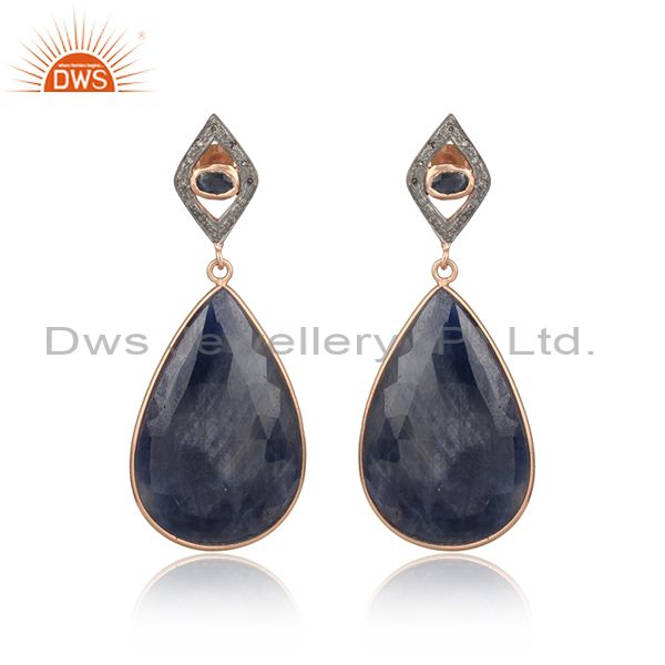 Blue Sapphire Slice Pave Diamond Gold Plated 925 Sterling Silver Women Earrings