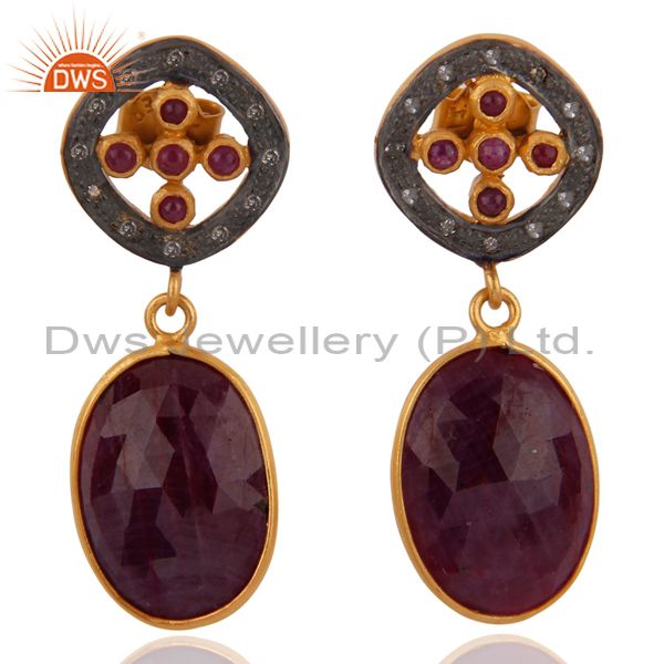 Pave Diamond Ruby Gemstone Slice 925 Sterling Silver Dangle Earring Gift Jewelry