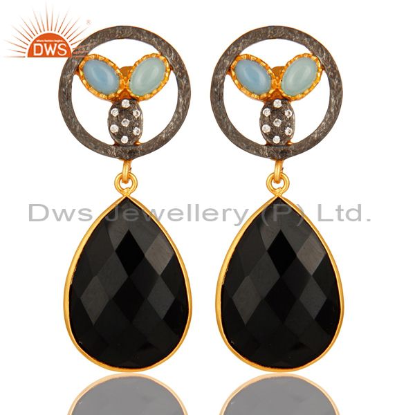18K Gold Plated Aqua Blue Chalcedony And Black Onyx Bezel Set Drop Earrings