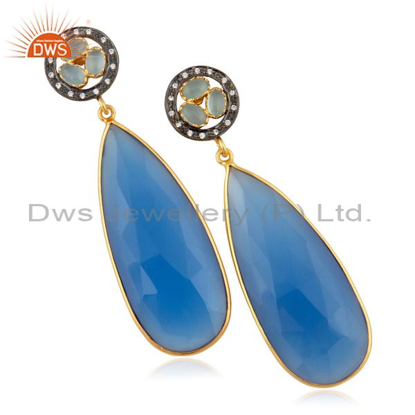 14K Yellow Gold Plated Brass Turquoise Bezel Set Fashion Drop Earrings With CZ