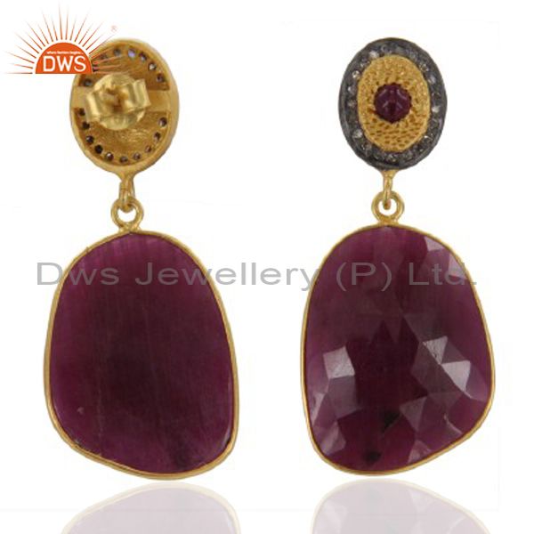18k Yellow Gold Over Sterling Silver Ruby Slice Diamond Pave Set Dangle Earrings