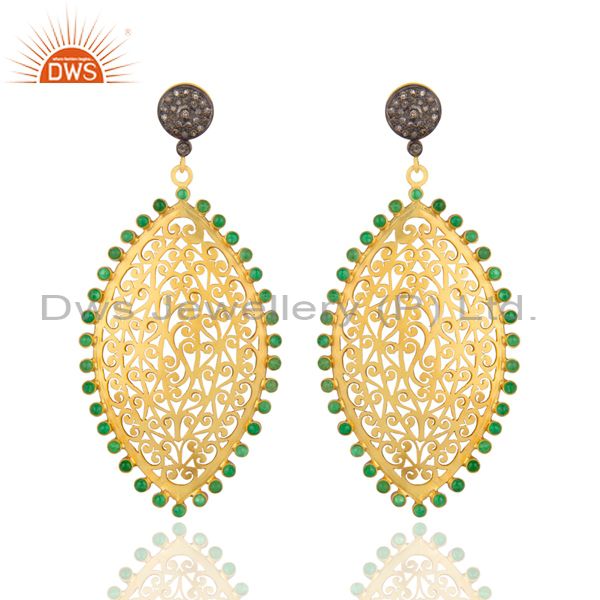 22K Gold Plated Sterling Silver Pave Diamond Emerald Filigree Dangle Earrings