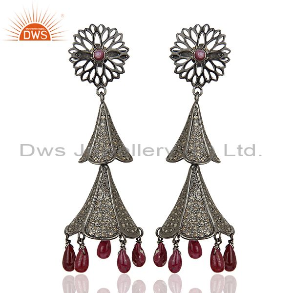 Antique Pave Diamond Ruby Gemstone Silver Earrings Jewelry Supplier