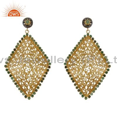 Emerald And Pave Set Diamond 18K Gold Over Silver Filigree Dangle Earrings