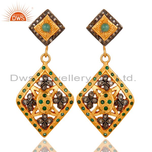 18K Yellow Gold Over 925 Sterling Silver Emerald & Diamond Earrings