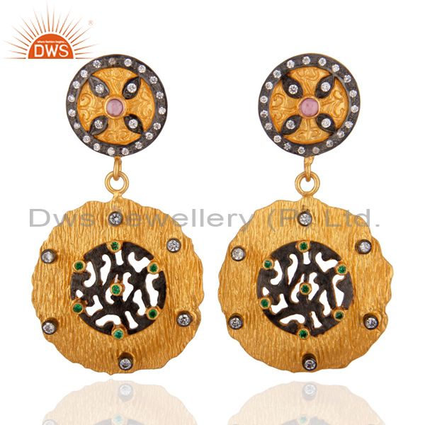 Indian Handmade Designer 18k Gold Plated White Zircon Matte Finish Drop Earrings