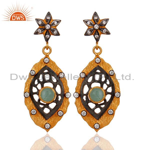 Dyed Green Chalcedony And Cubic Zirconia 18K Gold Plated Party Wear Drop Earring