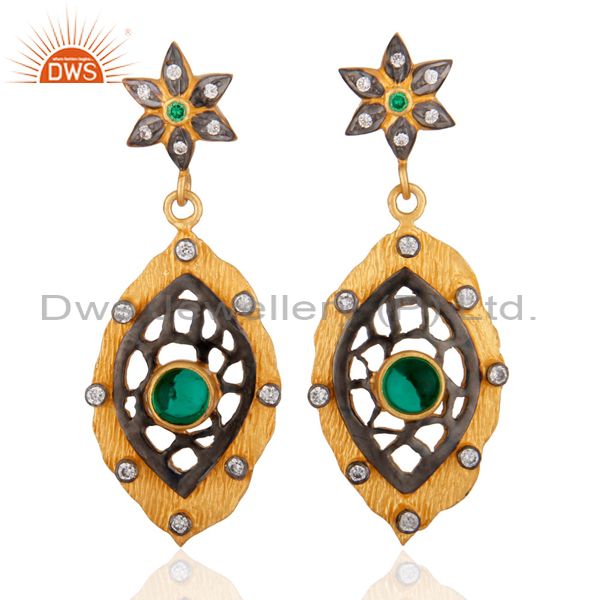 Simulated Diamond Green Glass Antique Look Earring 18k Yellow Gold Plated