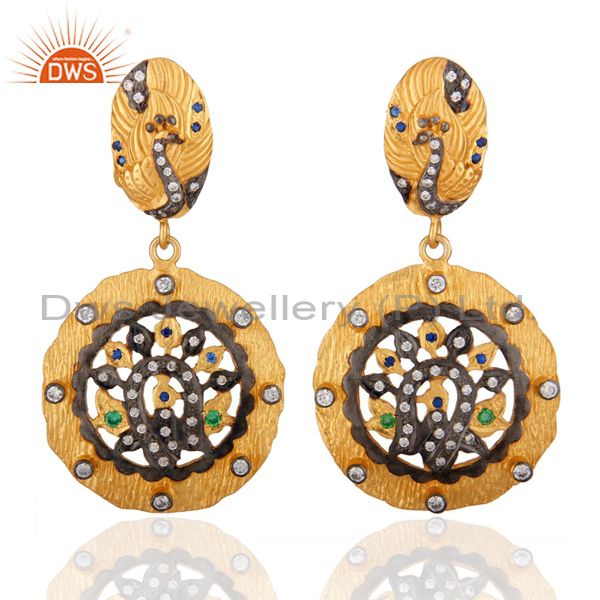 Traditional Peacock Designer 24k Gold Plated Cubic Zirconia Dangle Earring