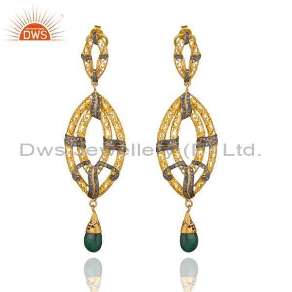 Indian Handmade 18k Gold Pave Diamond Emerald Drop Gemstone Earring Jewelry