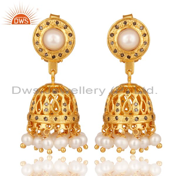 18K Gold Plated Pearl and Diamond Sterling Silver Jhumka Earring
