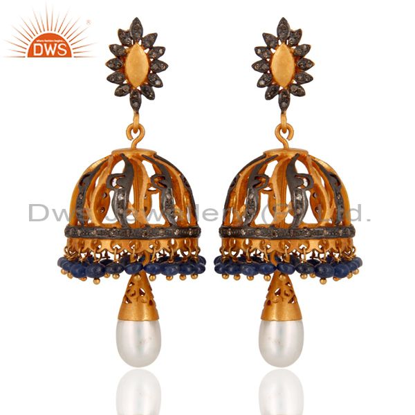 Natural Pearl Pave Setting Diamond 925 Sterling Silver Chandelier Women Earrings