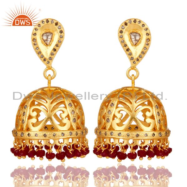 Natural Ruby and Diamond 18K Gold Plated Sterling Silver Jhumka Earring