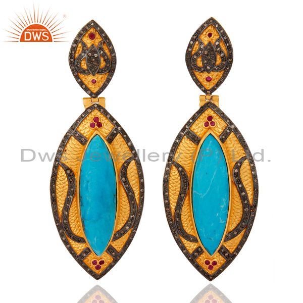 18K Gold Over 925 Sterling Silver Pave Diamond Turquoise & Ruby Designer Earring