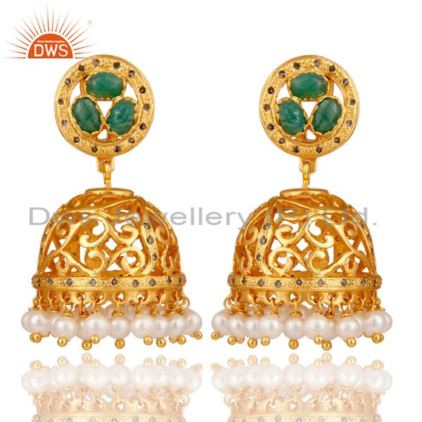 Emerald, Pearl and Diamond 18K Gold Plated Sterling Silver Jhumka Earring