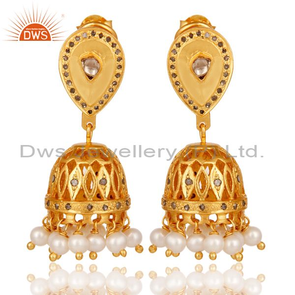 Diamond and White Pearl Beaded Jhumka Earring 18K Gold Plated Sterling Silver