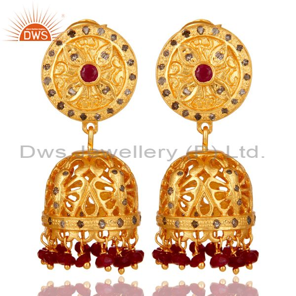 Natural Ruby and Diamond Traditional Jhumka Earring 18K Gold Plating 925 Silver