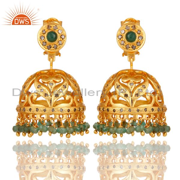 Emerald and Diamond 18K Gold Plated Jhumka Sterling Silver Traditional Earring