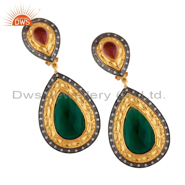 14K Yellow Gold Plated Brass Green Glass And CZ Wedding Fashion Drop Earrings