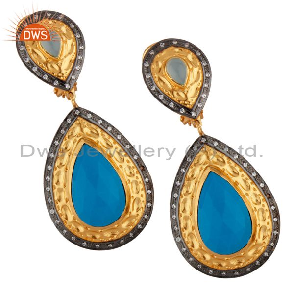 14K Yellow Gold Plated Brass Turquoise And CZ Bridal Fashion Drop Earrings