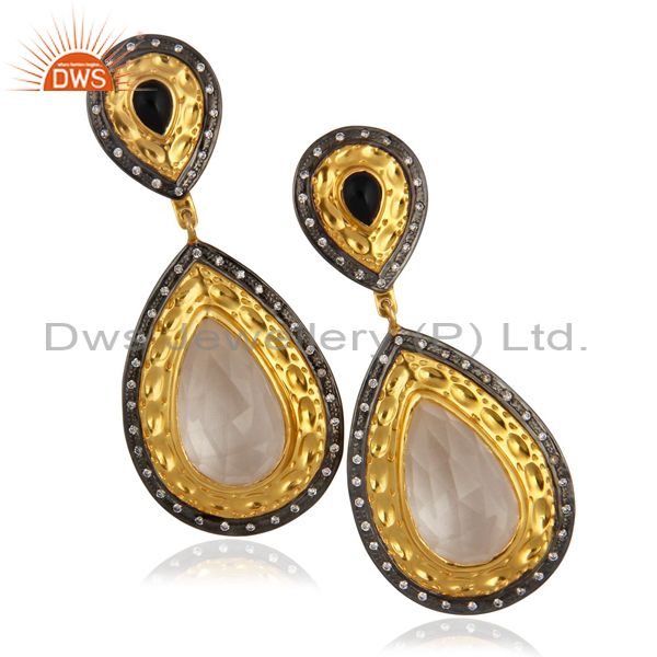 14K Yellow Gold Plated Brass Crystal Quartz And CZ Designer Dangle Earrings