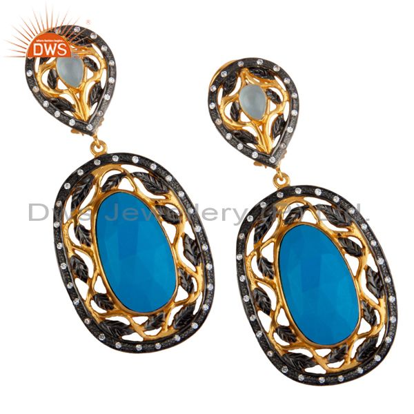 14K Yellow Gold Plated Brass Turquoise And CZ Womens Designer Dangle Earrings
