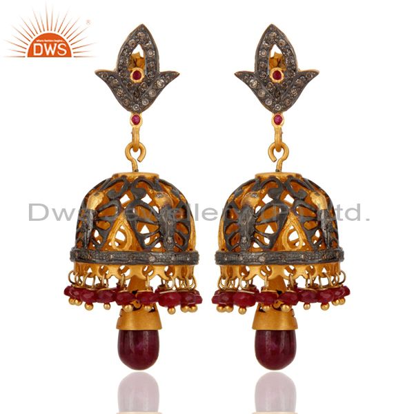Classic Diamond 18K Gold Over 925 Silver Ruby Beads Lady Charming Jhumka Earring