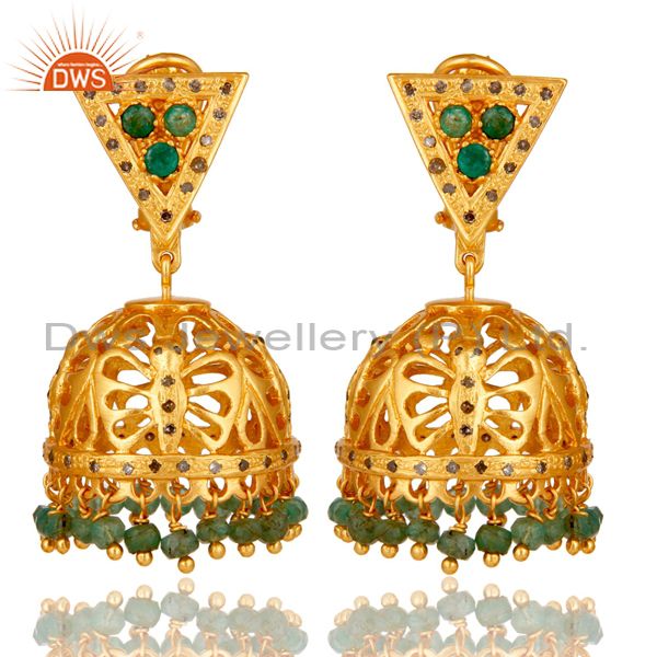 Diamond and Emerald 18K Gold Plated Sterling Silver Traditional Jhumka Earring