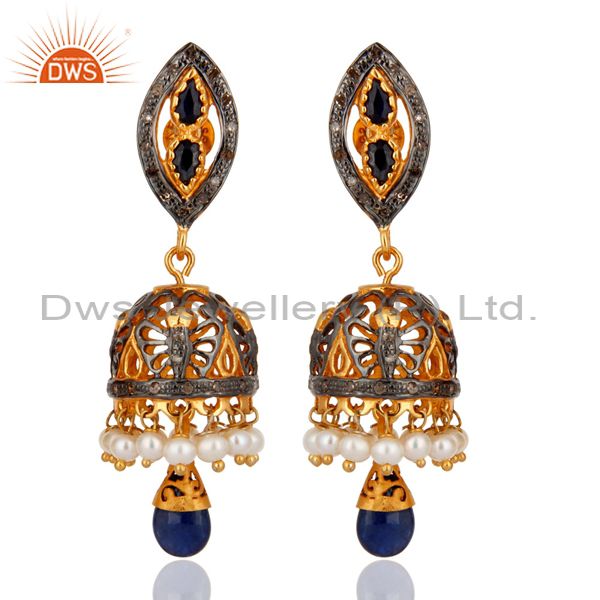 Blue Sapphire Pearls Sterling Silver Indian Traditional Filigree Dangler Earring