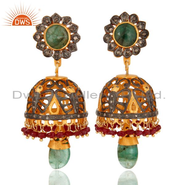 Sterling Silver Ruby & Emerald Gemstone Pave Diamond Traditional Jhumka Earring
