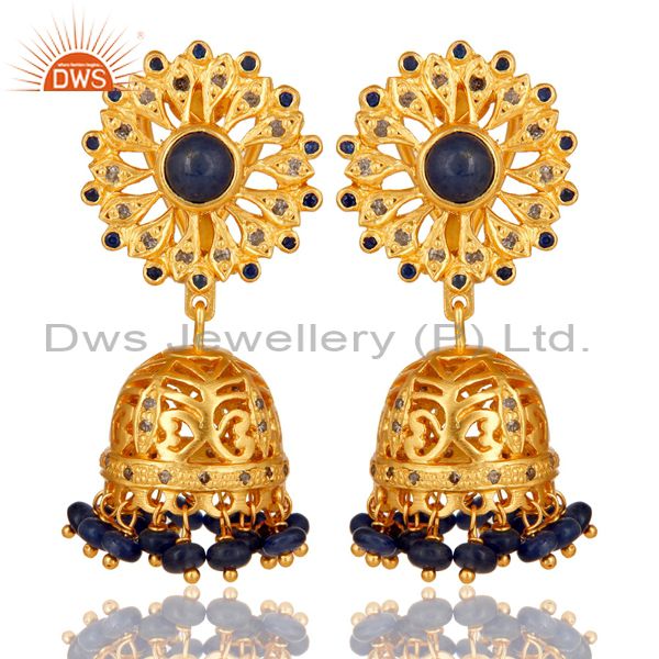 Blue Sapphire and Diamond Gold Plated 925 Silver Traditional Jhumka Earring