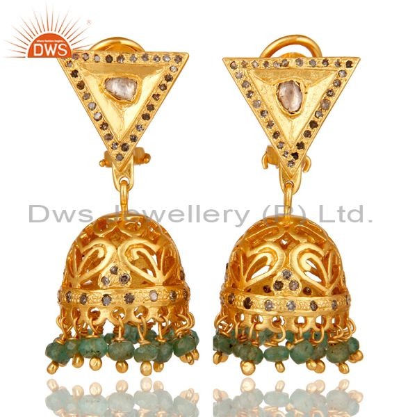Emerald and Diamond 18K Gold Plated Sterling Silver Traditional Jhumka Earring