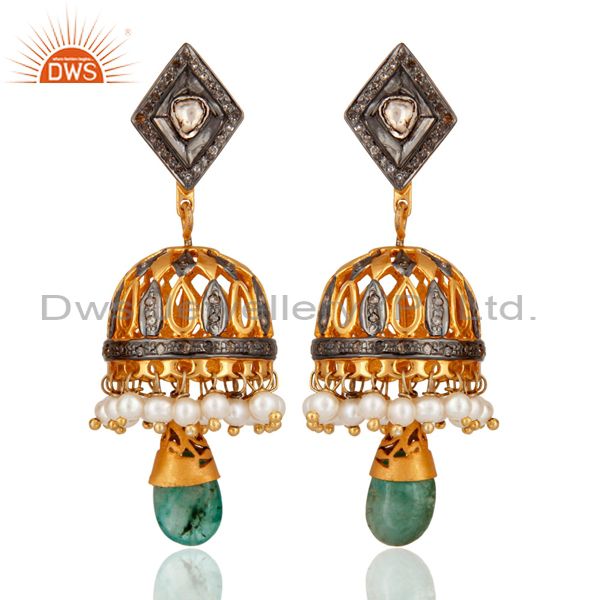 Antique Cut Diamond 925 Sterling Silver Emerald Bollywood Style Fashion Earrings