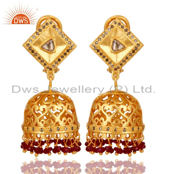 Natural Ruby and Diamond 18K Gold Plated Sterling Silver Indian Jhumki Earring