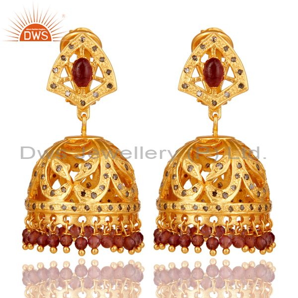 Pink Tourmaline and Diamond Gold Plated Sterling Silver Jhumki Earring