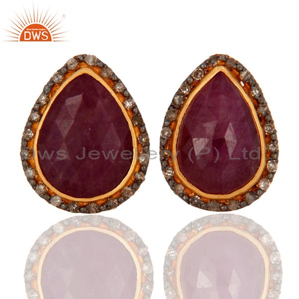 Handmade 18K Gold On 925 Sterling Silver Ruby Gemstone Pave Diamond Stud Earring