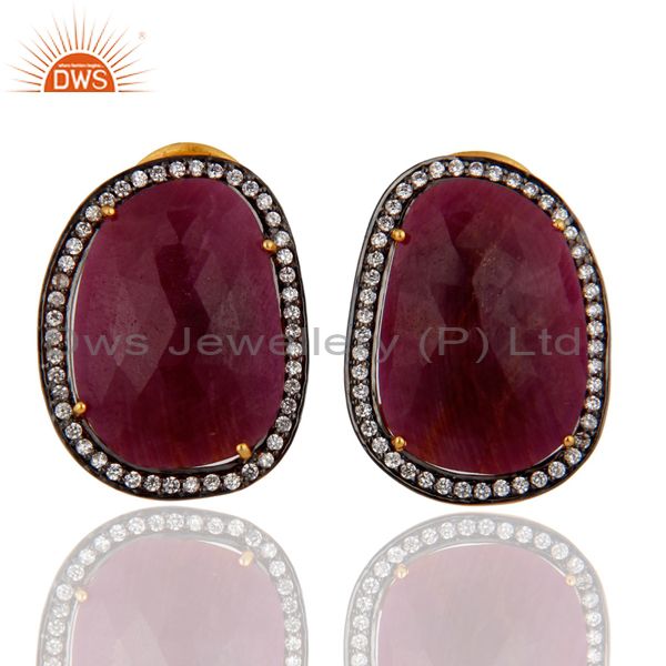 Handmade Natural Ruby Gemstone 18k Yellow Gold Plated Clip On Earrings With CZ Jewelry
