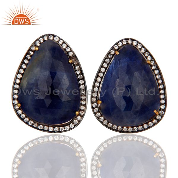 925 Sterling Silver Gold Plated Blue Sapphire Gemstone Clip On Stud Earrings Jewelry