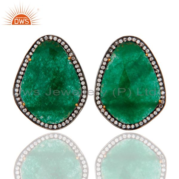 18K Yellow Gold Plated Sterling Silver Green Aventurine Stud Earrings With CZ
