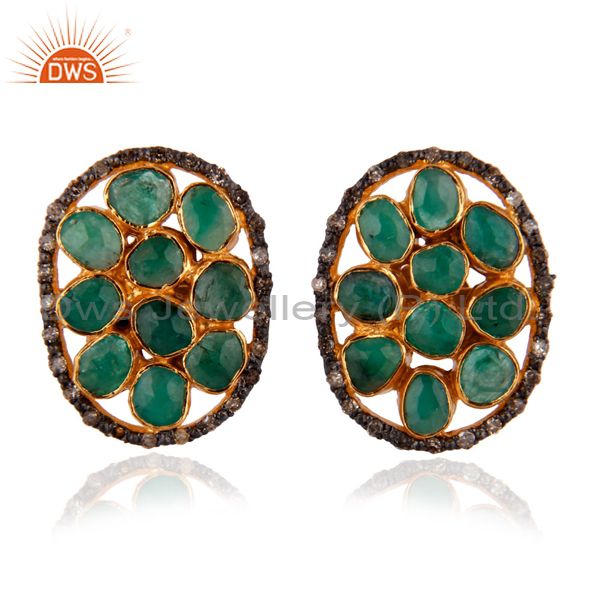 14K Gold GP 3.770 ct Emerald Diamond Pave 925 Sterling Silver Oval Stud Earrings